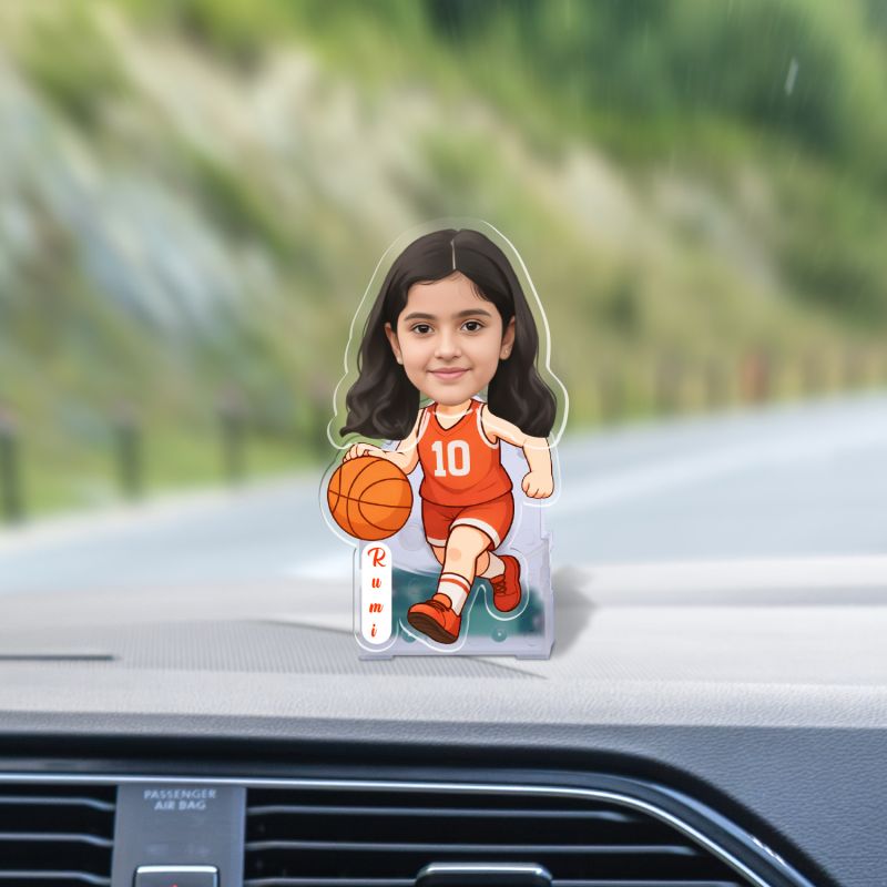 Personalized Basketball Girl Bobblehead Caricature with Battery Powered Shaking Head Feature | Unique Sports Theme Desk Decor & Gift for Basketball Players & CoachesPersonalized Basketball Girl Bobblehead Caricature with Battery Powered Shaking Head 